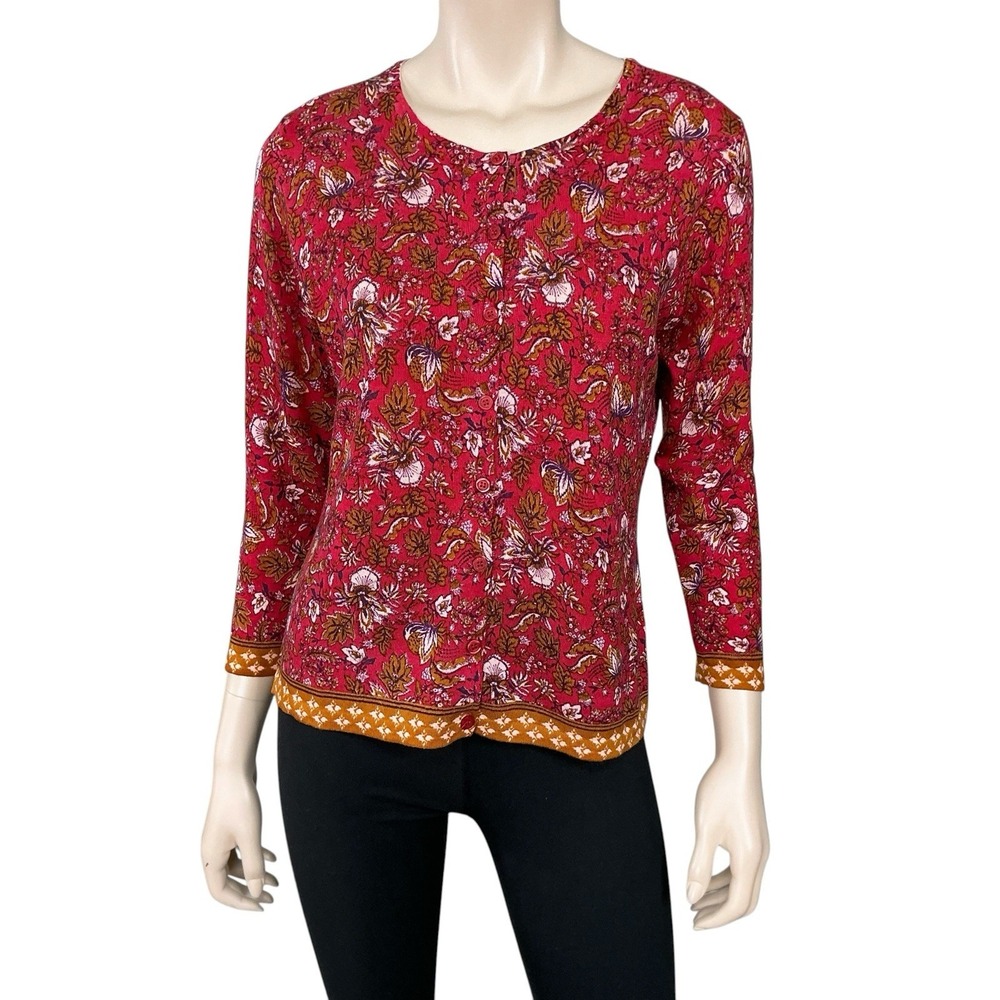Garnet Hill Cardigan Women Medium Red Floral Long Sleeve Button Down Merino Wool